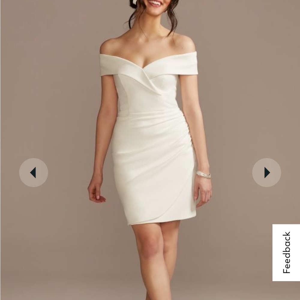 David’s Bridal DB Studio short off shoulder cuff neckline crepe dress